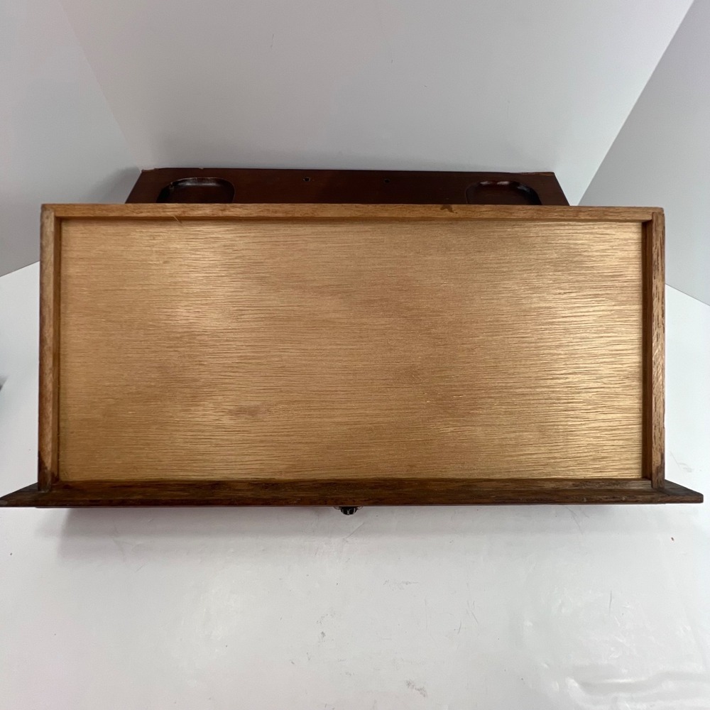 Vintage wood valet jewelry box with drawer ornate handle sunken depressions top - Picture 13 of 13